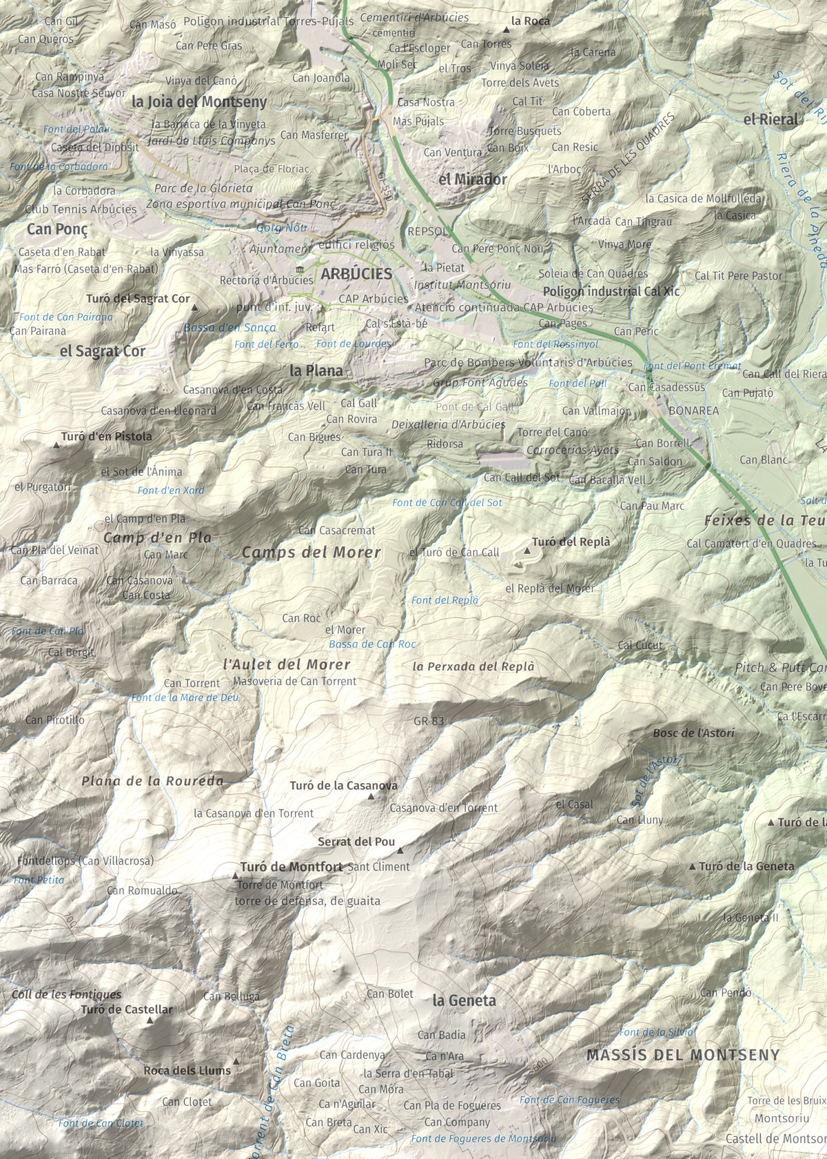 Mapa de relieve de Turó de Montsoriu, 633 m, Selva, lámina 100 Cims de Trobart. Detalle de la zona superior izquierda. 50 × 70 cm.