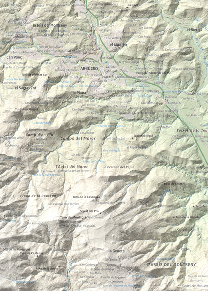 Mapa de relieve de Turó de Montsoriu, 633 m, Selva, lámina 100 Cims de Trobart. Detalle de la zona superior izquierda. 50 × 70 cm.