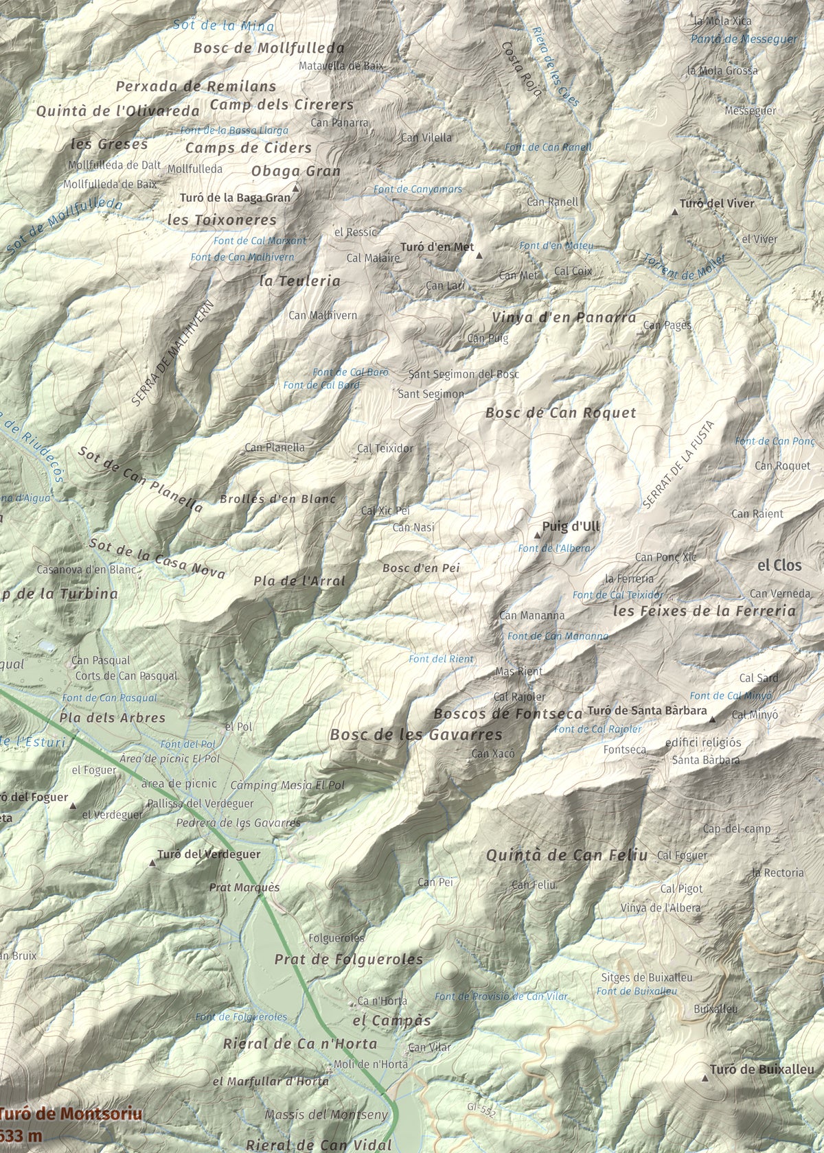 Mapa de relieve de Turó de Montsoriu, 633 m, Selva, lámina 100 Cims de Trobart. Detalle de la zona superior derecha. 50 × 70 cm.