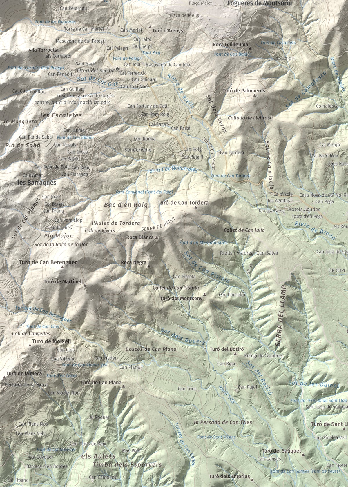 Mapa de relieve de Turó de Montsoriu, 633 m, Selva, lámina 100 Cims de Trobart. Detalle de la zona inferior izquierda. 50 × 70 cm.