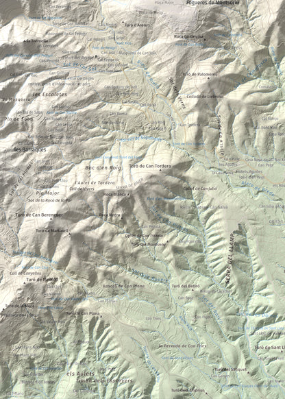 Mapa de relieve de Turó de Montsoriu, 633 m, Selva, lámina 100 Cims de Trobart. Detalle de la zona inferior izquierda. 50 × 70 cm.