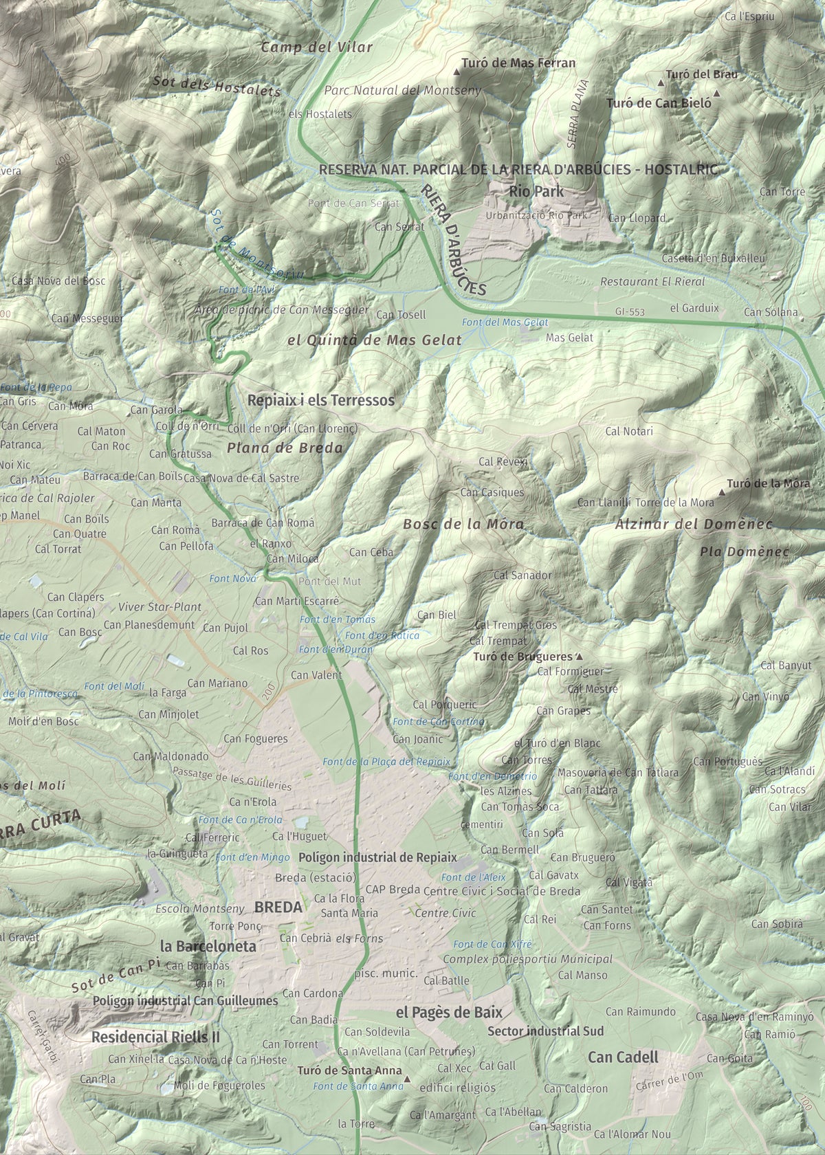 Mapa de relieve de Turó de Montsoriu, 633 m, Selva, lámina 100 Cims de Trobart. Detalle de la zona inferior derecha. 50 × 70 cm.