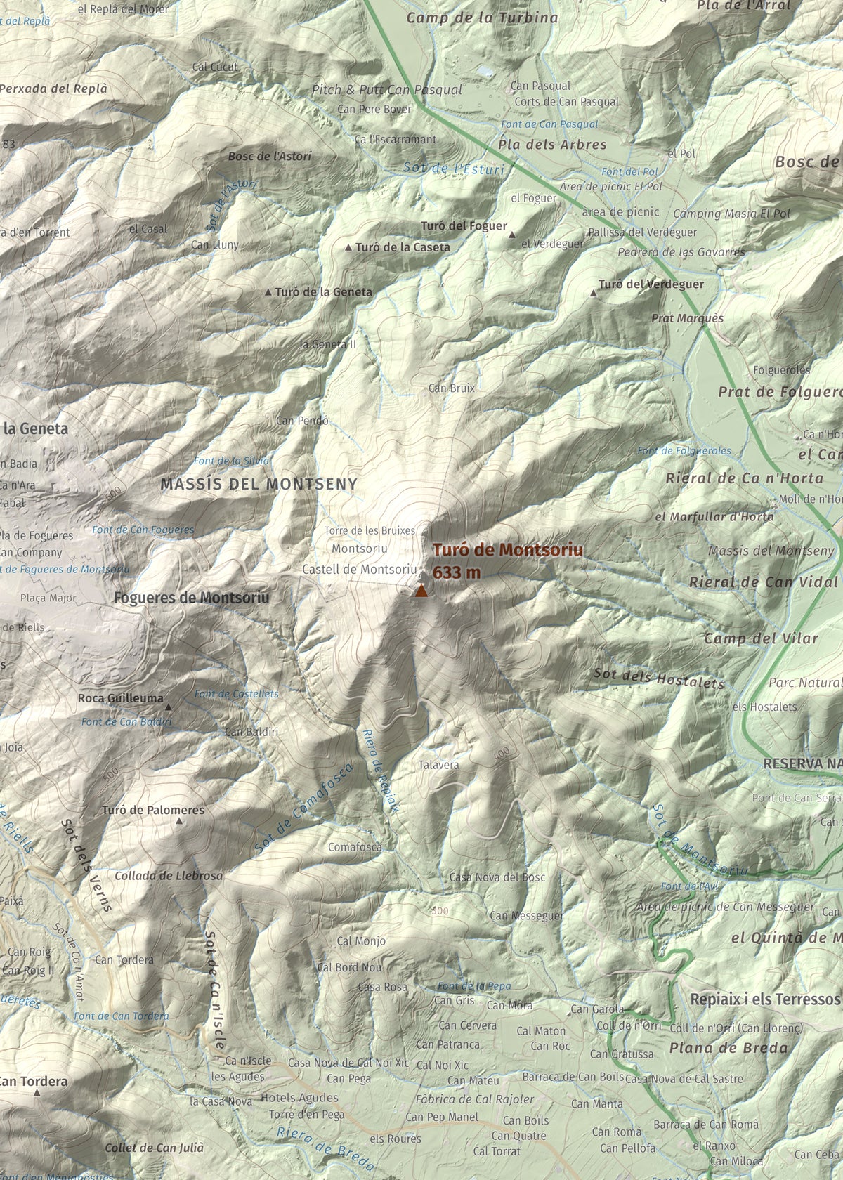 Mapa de relieve de Turó de Montsoriu, 633 m, Selva, lámina 100 Cims de Trobart. Detalle de la zona central. 50 × 70 cm.