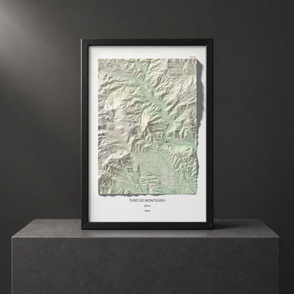 Mapa de relieve de Turó de Montsoriu, 633 m, Selva, lámina 100 Cims de Trobart. Presentación enmarcada. 61 × 91 cm.