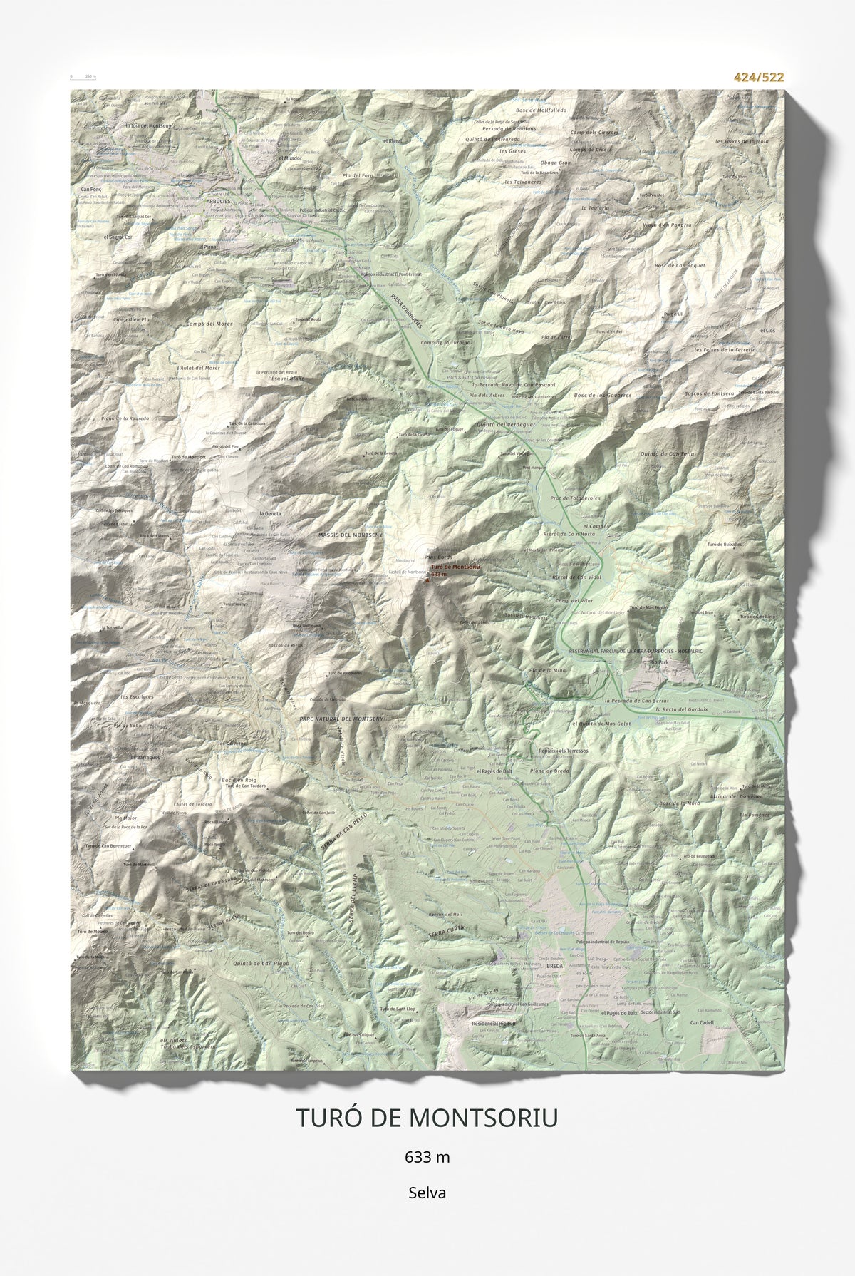 Mapa de relieve de Turó de Montsoriu, 633 m, Selva, lámina 100 Cims de Trobart 61 × 91 cm.