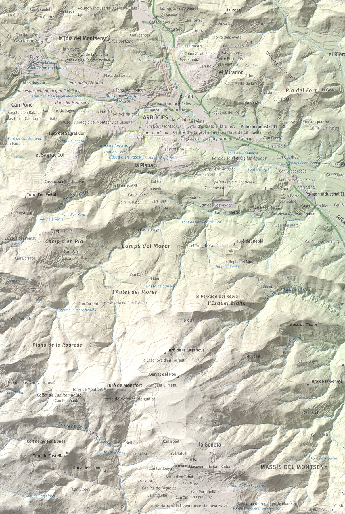 Mapa de relieve de Turó de Montsoriu, 633 m, Selva, lámina 100 Cims de Trobart. Detalle de la zona superior izquierda. 61 × 91 cm.