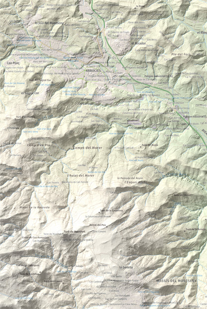 Mapa de relieve de Turó de Montsoriu, 633 m, Selva, lámina 100 Cims de Trobart. Detalle de la zona superior izquierda. 61 × 91 cm.