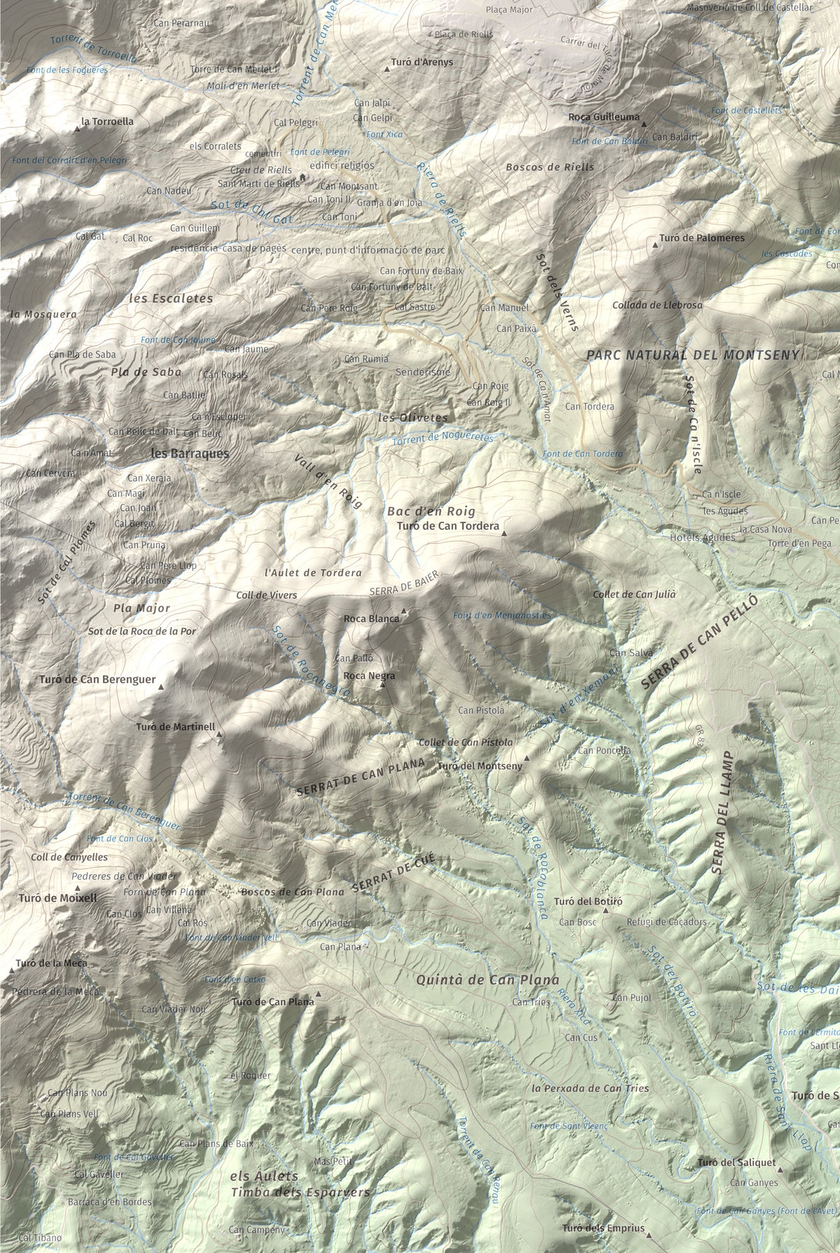 Mapa de relieve de Turó de Montsoriu, 633 m, Selva, lámina 100 Cims de Trobart. Detalle de la zona inferior izquierda. 61 × 91 cm.