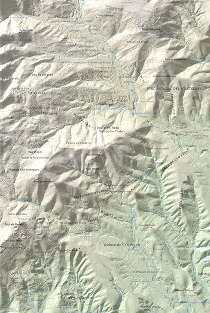 Mapa de relieve de Turó de Montsoriu, 633 m, Selva, lámina 100 Cims de Trobart. Detalle de la zona inferior izquierda. 61 × 91 cm.