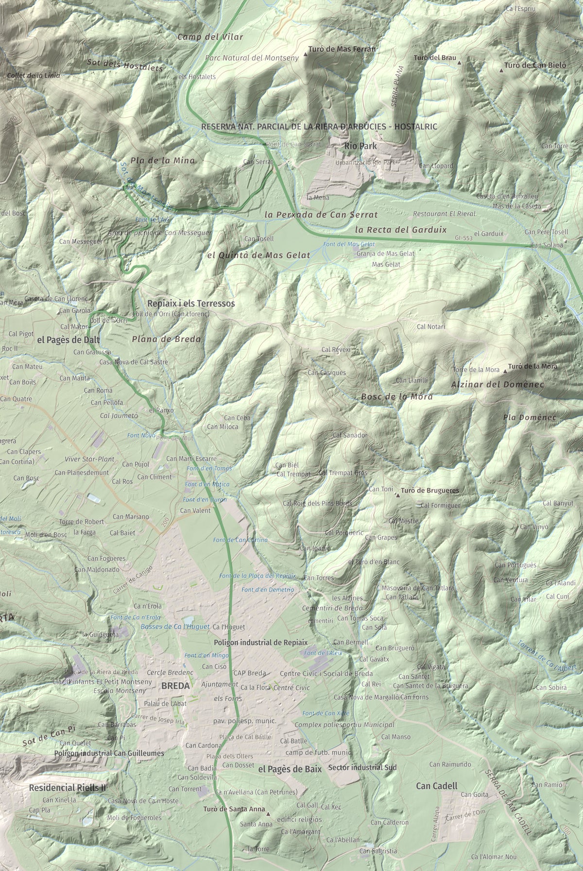 Mapa de relieve de Turó de Montsoriu, 633 m, Selva, lámina 100 Cims de Trobart. Detalle de la zona inferior derecha. 61 × 91 cm.