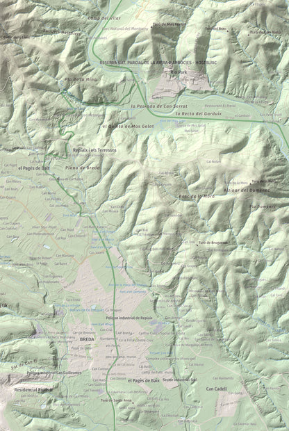 Mapa de relieve de Turó de Montsoriu, 633 m, Selva, lámina 100 Cims de Trobart. Detalle de la zona inferior derecha. 61 × 91 cm.