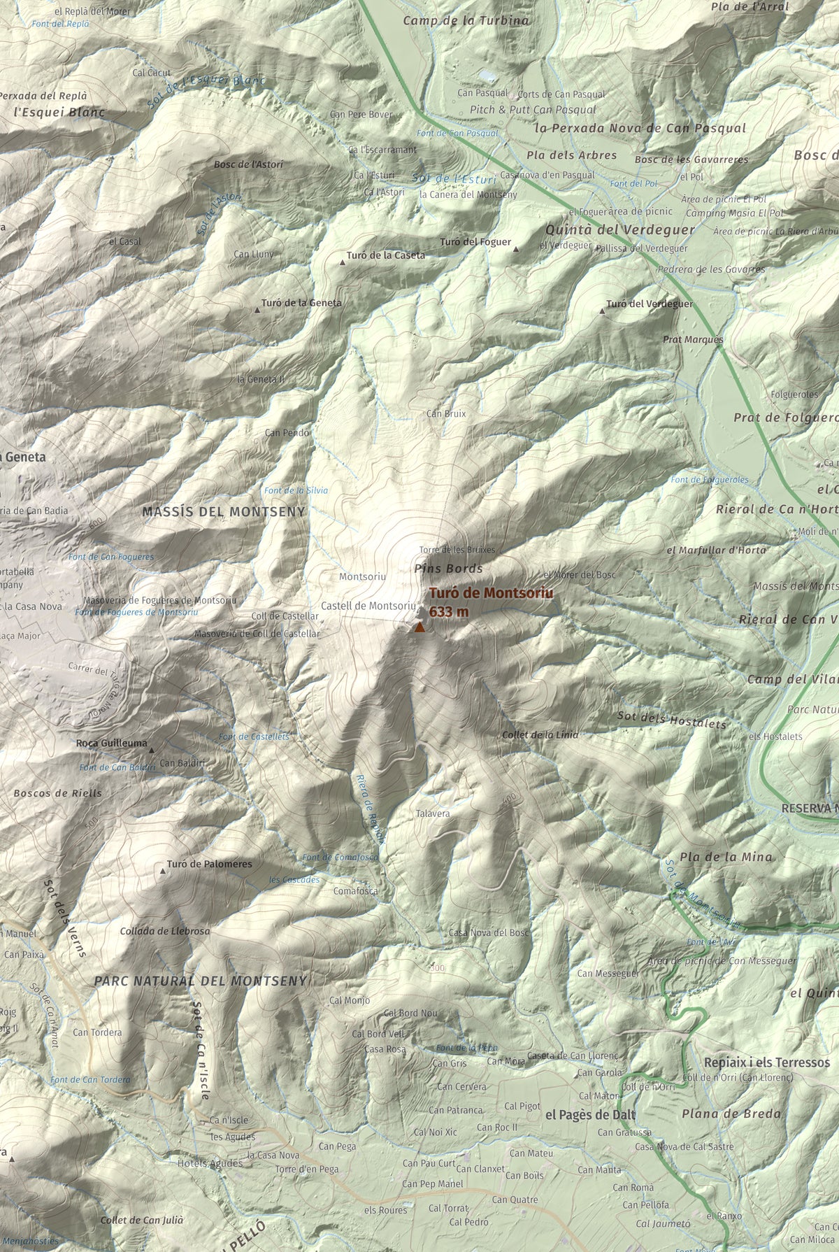 Mapa de relieve de Turó de Montsoriu, 633 m, Selva, lámina 100 Cims de Trobart. Detalle de la zona central. 61 × 91 cm.