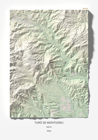 Mapa de relieve de Turó de Montsoriu, 633 m, Selva, lámina 100 Cims de Trobart 70 × 100 cm.