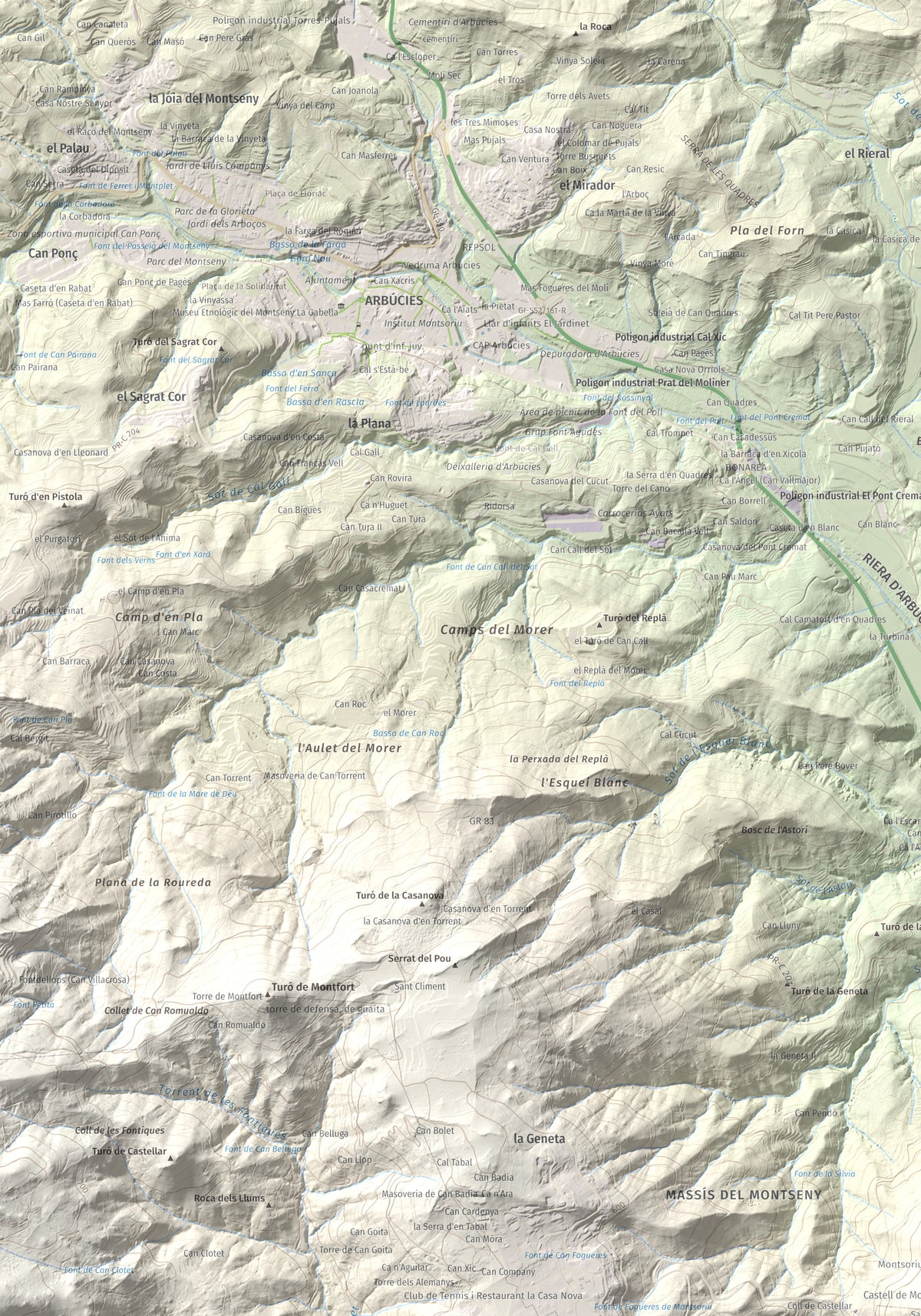 Mapa de relieve de Turó de Montsoriu, 633 m, Selva, lámina 100 Cims de Trobart. Detalle de la zona superior izquierda. 70 × 100 cm.