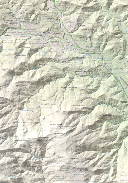 Mapa de relieve de Turó de Montsoriu, 633 m, Selva, lámina 100 Cims de Trobart. Detalle de la zona superior izquierda. 70 × 100 cm.