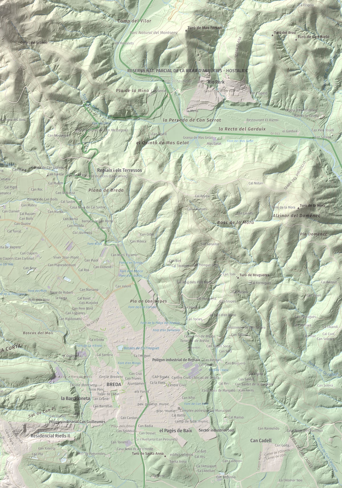 Mapa de relieve de Turó de Montsoriu, 633 m, Selva, lámina 100 Cims de Trobart. Detalle de la zona inferior derecha. 70 × 100 cm.