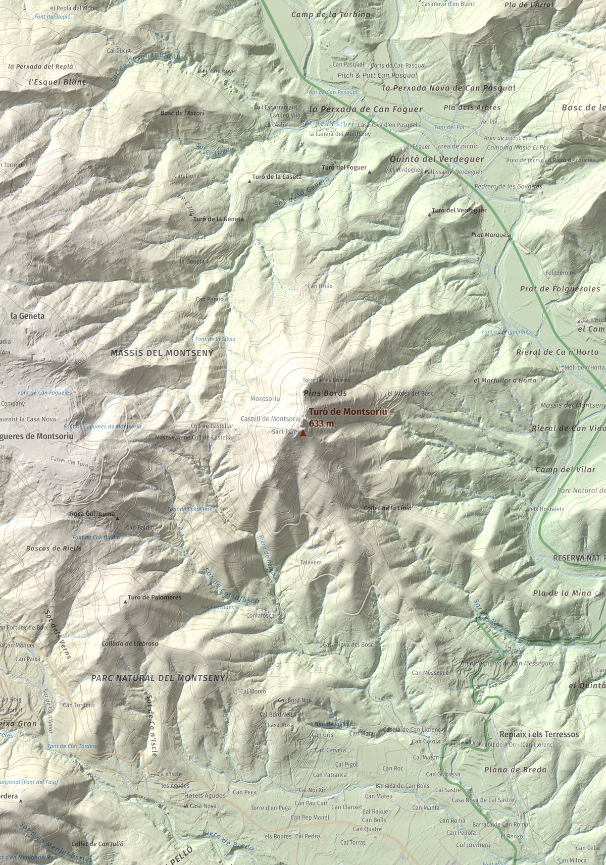 Mapa de relieve de Turó de Montsoriu, 633 m, Selva, lámina 100 Cims de Trobart. Detalle de la zona central. 70 × 100 cm.