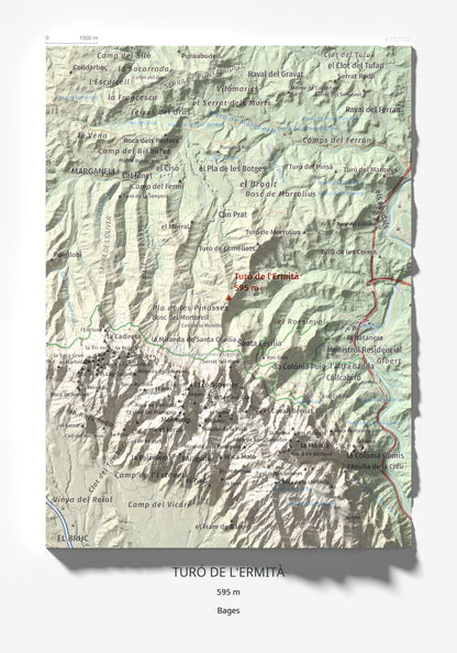 Mapa de relieve de Turó de l'Ermità, 595 m, Bages, lámina 100 Cims de Trobart 21 × 30 cm.