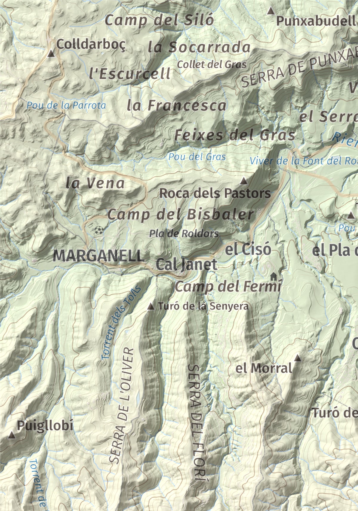 Mapa de relieve de Turó de l'Ermità, 595 m, Bages, lámina 100 Cims de Trobart. Detalle de la zona superior izquierda. 21 × 30 cm.