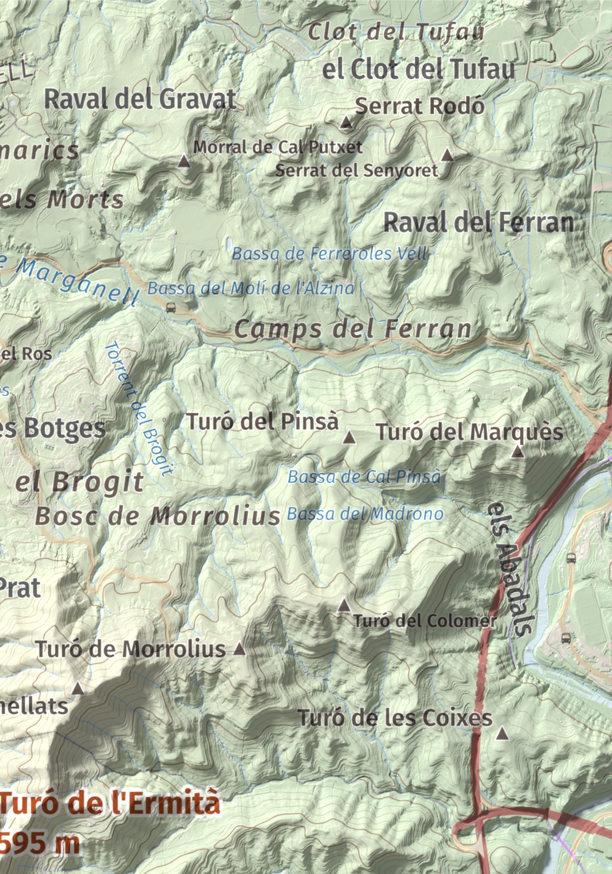 Mapa de relieve de Turó de l'Ermità, 595 m, Bages, lámina 100 Cims de Trobart. Detalle de la zona superior derecha. 21 × 30 cm.