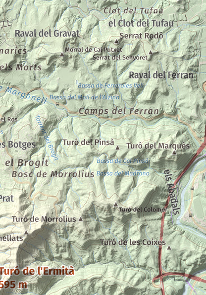 Mapa de relieve de Turó de l'Ermità, 595 m, Bages, lámina 100 Cims de Trobart. Detalle de la zona superior derecha. 21 × 30 cm.