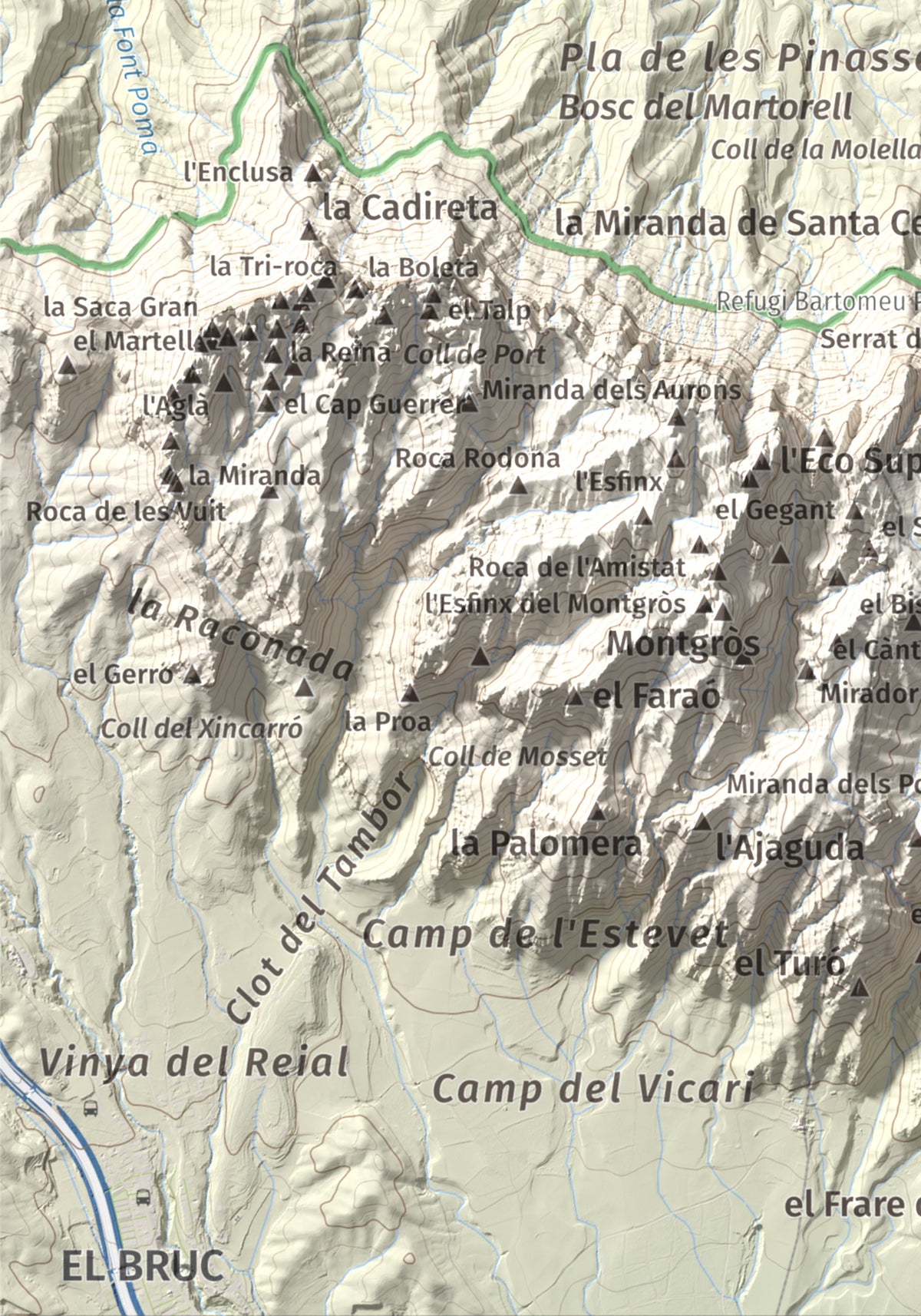 Mapa de relieve de Turó de l'Ermità, 595 m, Bages, lámina 100 Cims de Trobart. Detalle de la zona inferior izquierda. 21 × 30 cm.