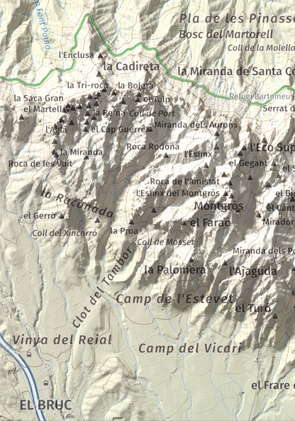 Mapa de relieve de Turó de l'Ermità, 595 m, Bages, lámina 100 Cims de Trobart. Detalle de la zona inferior izquierda. 21 × 30 cm.