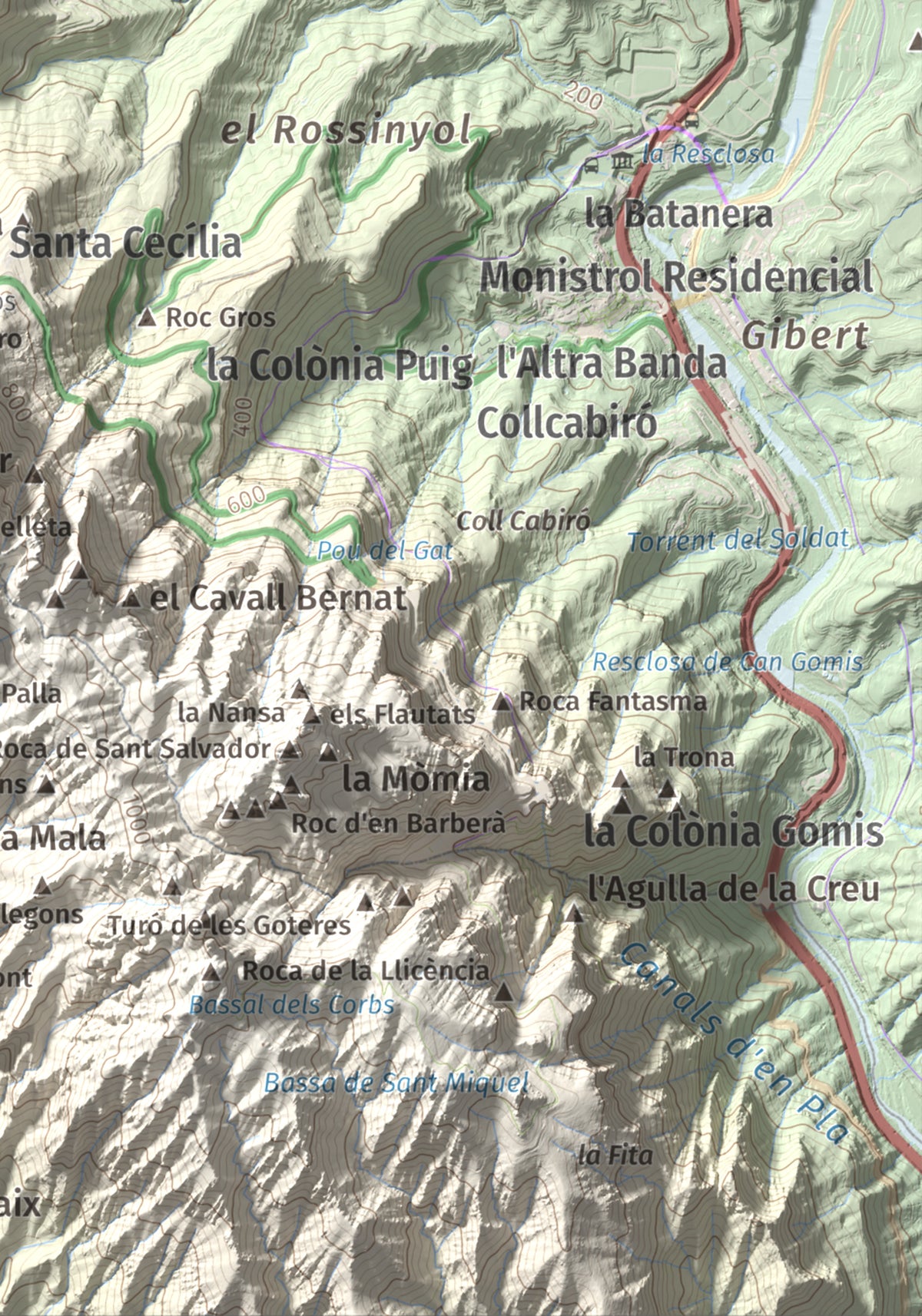 Mapa de relieve de Turó de l'Ermità, 595 m, Bages, lámina 100 Cims de Trobart. Detalle de la zona inferior derecha. 21 × 30 cm.