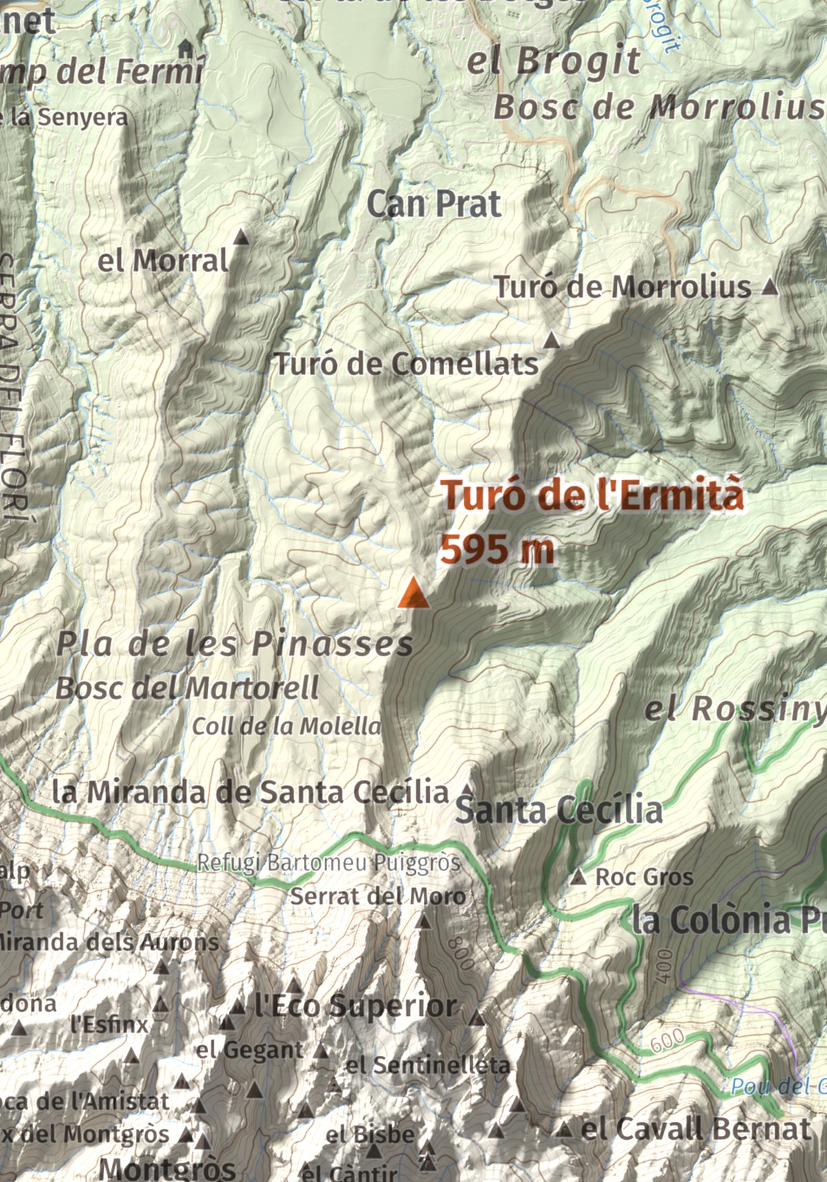 Mapa de relieve de Turó de l'Ermità, 595 m, Bages, lámina 100 Cims de Trobart. Detalle de la zona central. 21 × 30 cm.