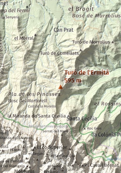 Mapa de relieve de Turó de l'Ermità, 595 m, Bages, lámina 100 Cims de Trobart. Detalle de la zona central. 21 × 30 cm.