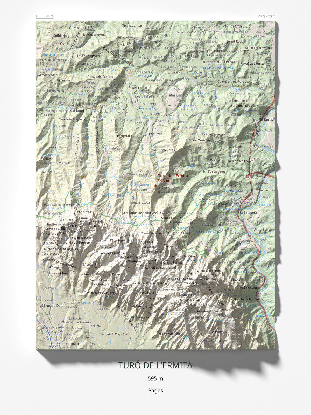 Mapa de relieve de Turó de l'Ermità, 595 m, Bages, lámina 100 Cims de Trobart 30 × 40 cm.