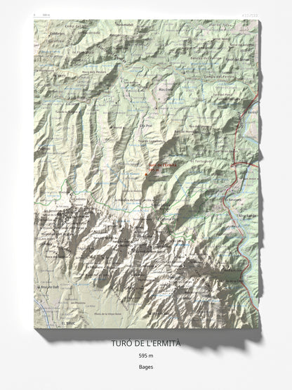 Mapa de relieve de Turó de l'Ermità, 595 m, Bages, lámina 100 Cims de Trobart 30 × 40 cm.