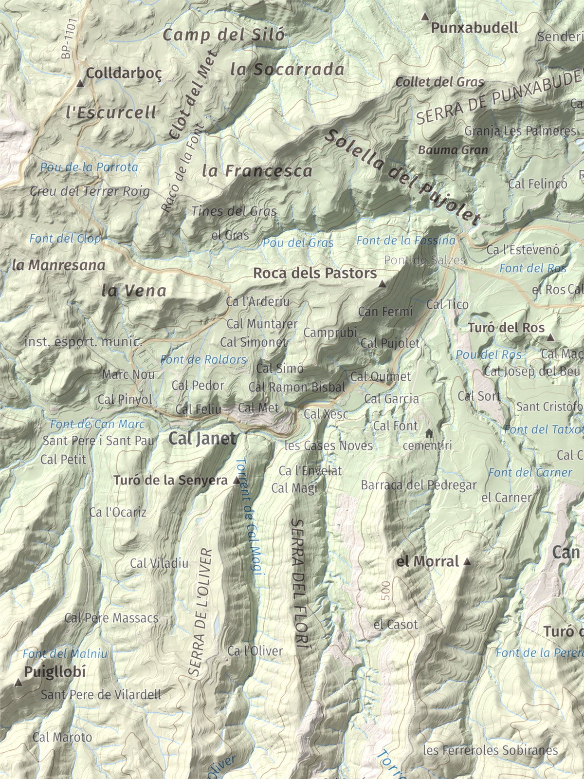 Mapa de relieve de Turó de l'Ermità, 595 m, Bages, lámina 100 Cims de Trobart. Detalle de la zona superior izquierda. 30 × 40 cm.
