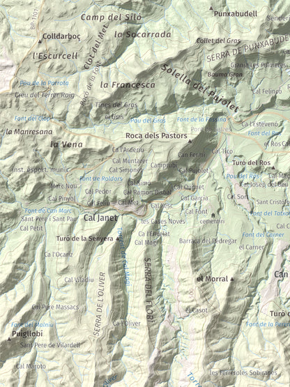 Mapa de relieve de Turó de l'Ermità, 595 m, Bages, lámina 100 Cims de Trobart. Detalle de la zona superior izquierda. 30 × 40 cm.