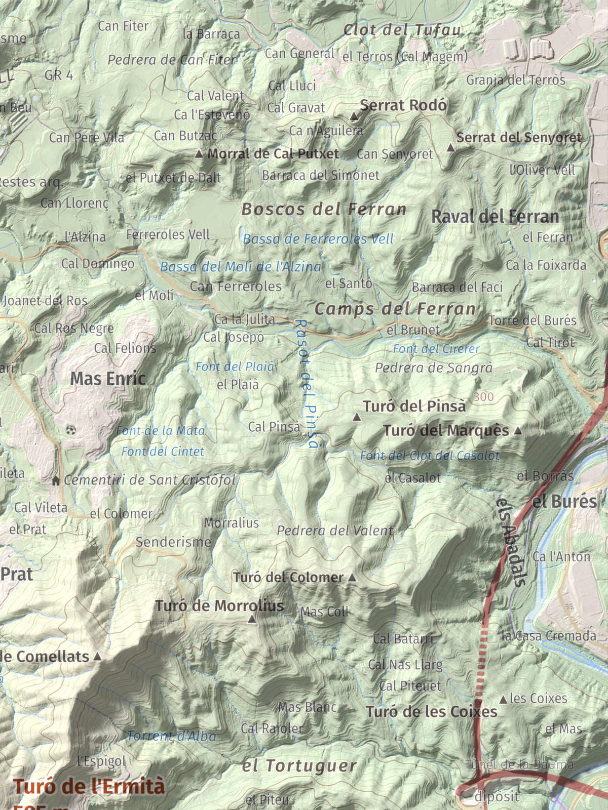 Mapa de relieve de Turó de l'Ermità, 595 m, Bages, lámina 100 Cims de Trobart. Detalle de la zona superior derecha. 30 × 40 cm.