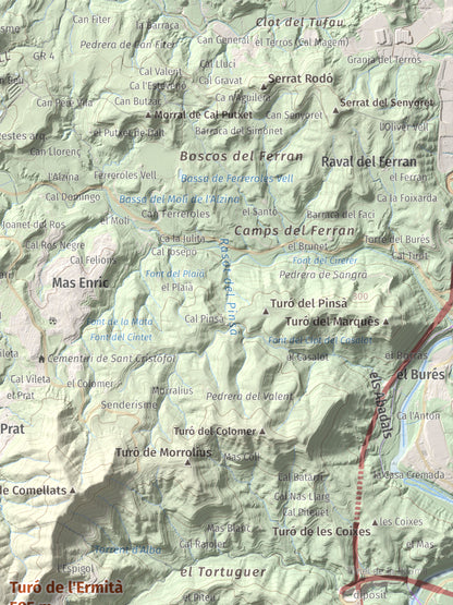 Mapa de relieve de Turó de l'Ermità, 595 m, Bages, lámina 100 Cims de Trobart. Detalle de la zona superior derecha. 30 × 40 cm.