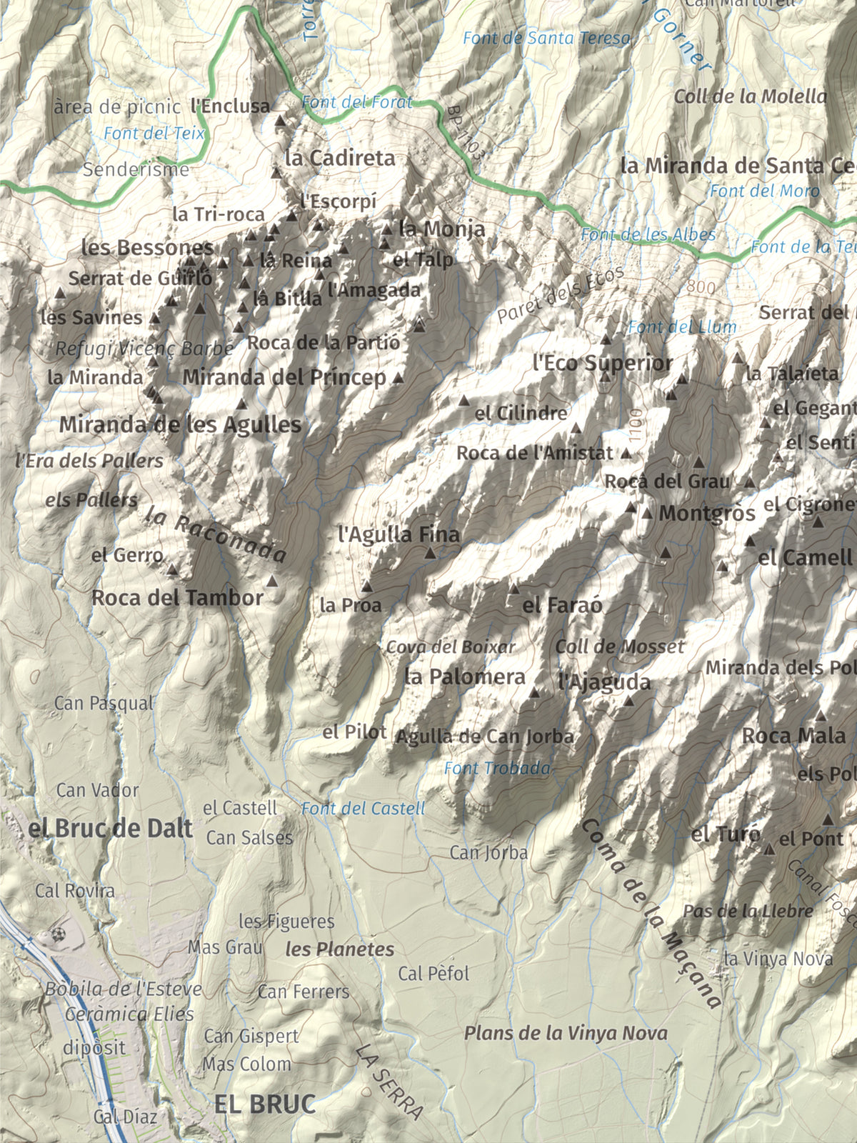 Mapa de relieve de Turó de l'Ermità, 595 m, Bages, lámina 100 Cims de Trobart. Detalle de la zona inferior izquierda. 30 × 40 cm.