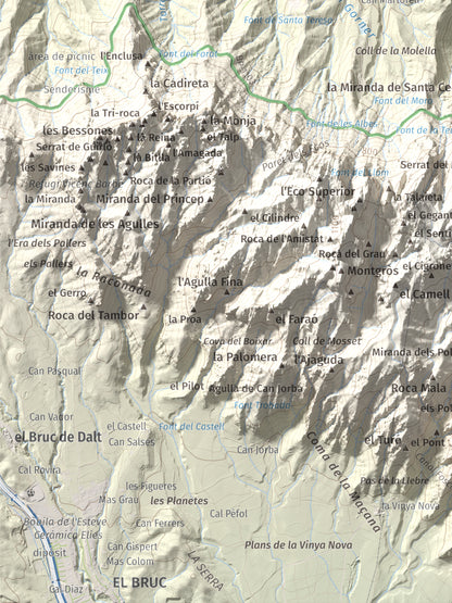 Mapa de relieve de Turó de l'Ermità, 595 m, Bages, lámina 100 Cims de Trobart. Detalle de la zona inferior izquierda. 30 × 40 cm.