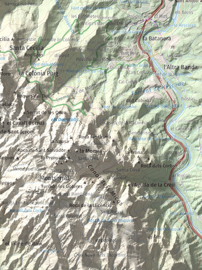 Mapa de relieve de Turó de l'Ermità, 595 m, Bages, lámina 100 Cims de Trobart. Detalle de la zona inferior derecha. 30 × 40 cm.