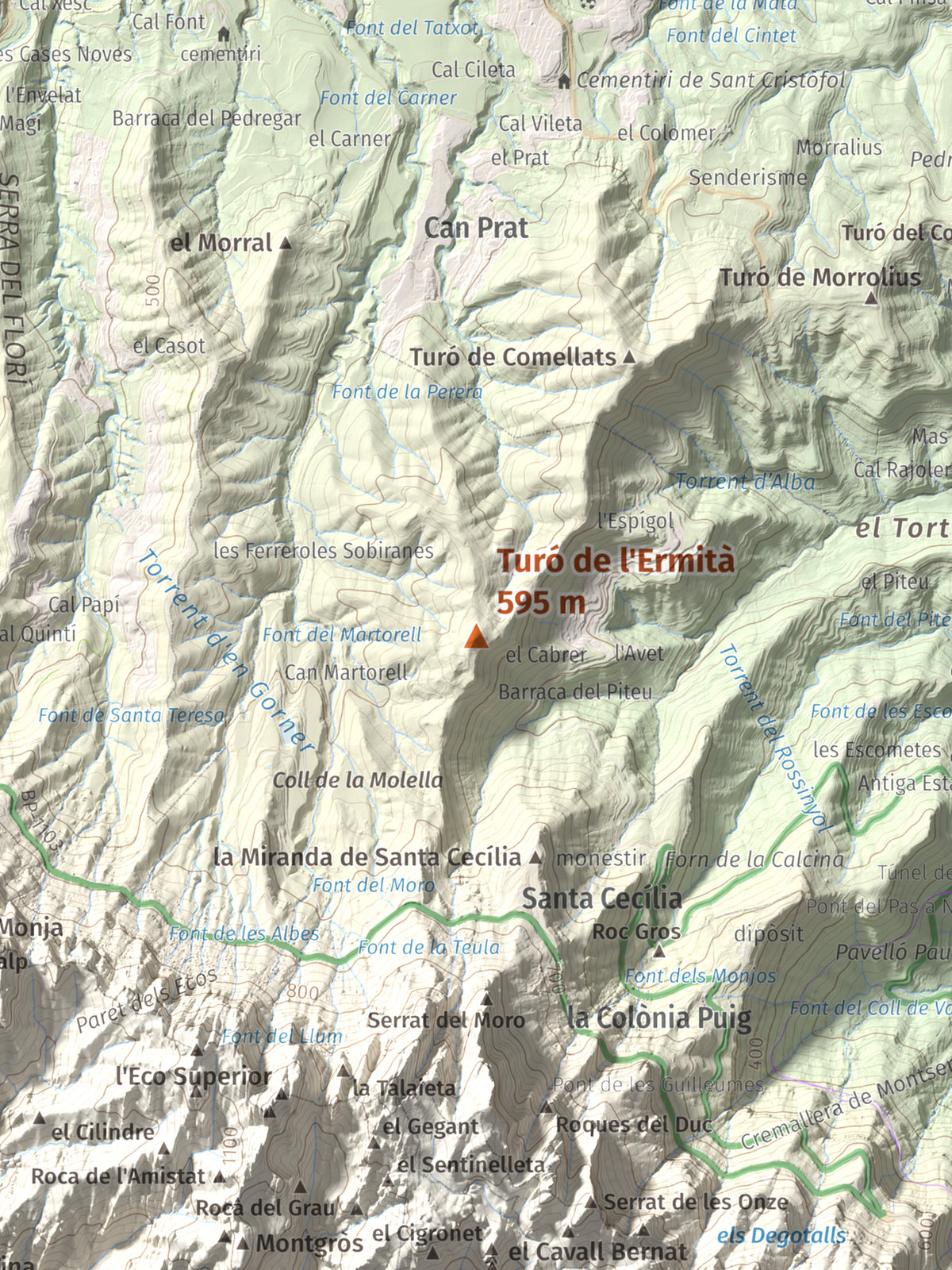 Mapa de relieve de Turó de l'Ermità, 595 m, Bages, lámina 100 Cims de Trobart. Detalle de la zona central. 30 × 40 cm.