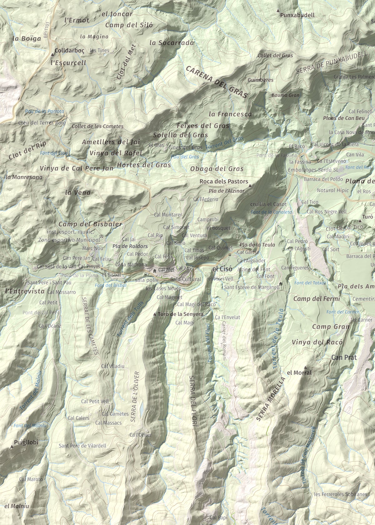 Mapa de relieve de Turó de l'Ermità, 595 m, Bages, lámina 100 Cims de Trobart. Detalle de la zona superior izquierda. 50 × 70 cm.