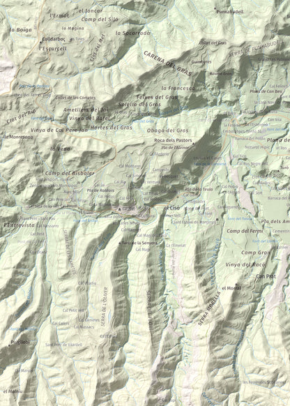 Mapa de relieve de Turó de l'Ermità, 595 m, Bages, lámina 100 Cims de Trobart. Detalle de la zona superior izquierda. 50 × 70 cm.