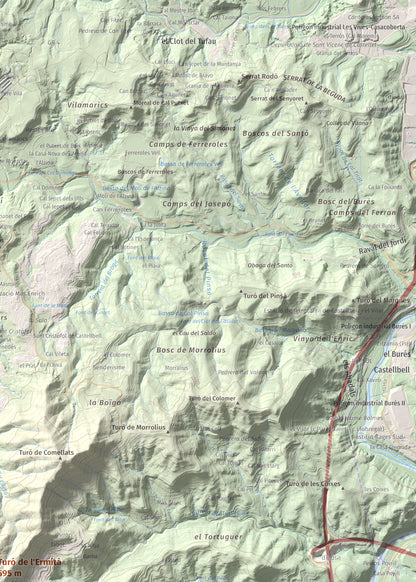 Mapa de relieve de Turó de l'Ermità, 595 m, Bages, lámina 100 Cims de Trobart. Detalle de la zona superior derecha. 50 × 70 cm.