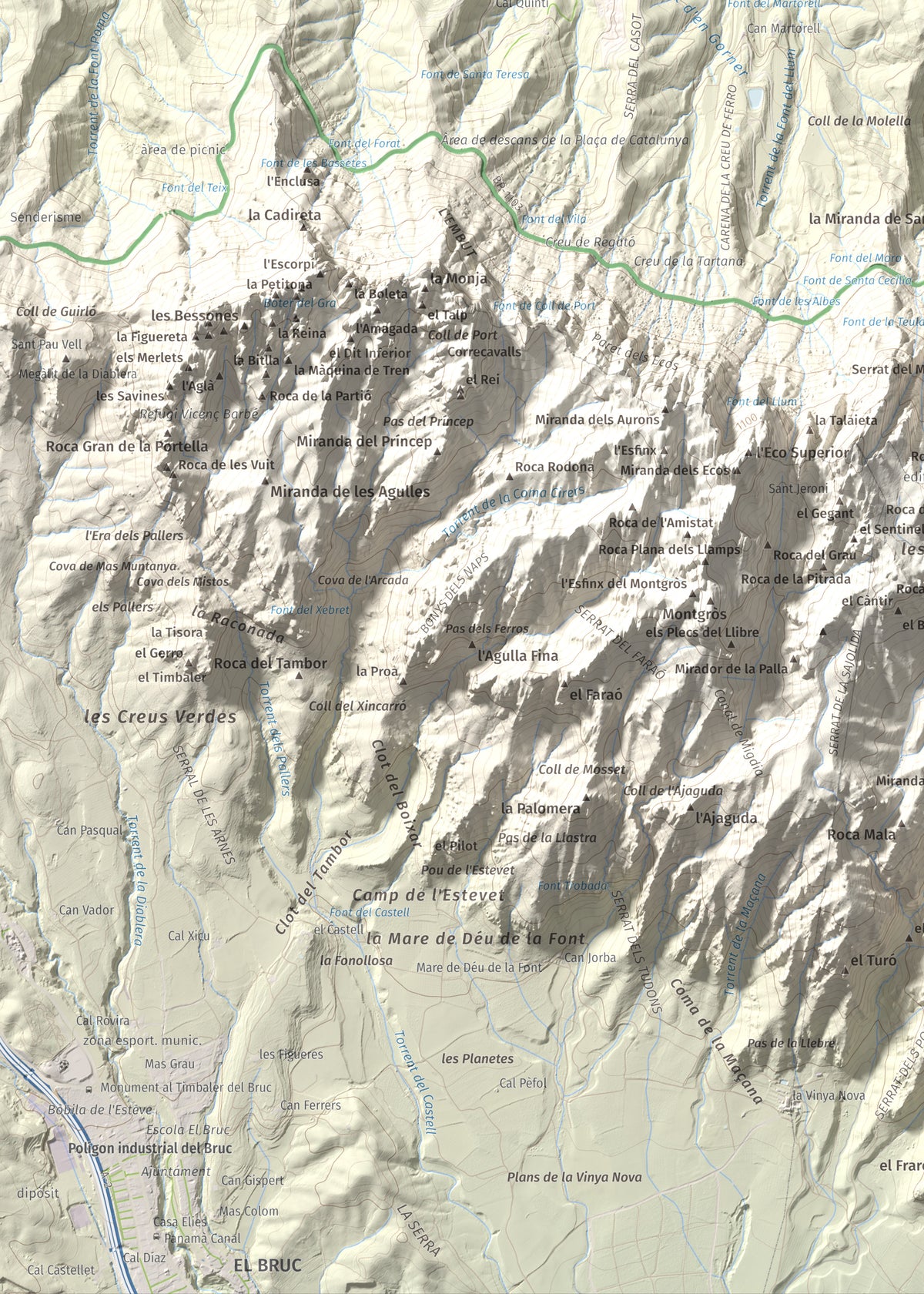 Mapa de relieve de Turó de l'Ermità, 595 m, Bages, lámina 100 Cims de Trobart. Detalle de la zona inferior izquierda. 50 × 70 cm.
