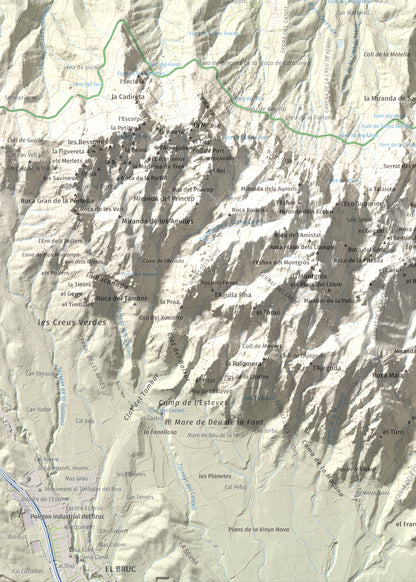 Mapa de relieve de Turó de l'Ermità, 595 m, Bages, lámina 100 Cims de Trobart. Detalle de la zona inferior izquierda. 50 × 70 cm.