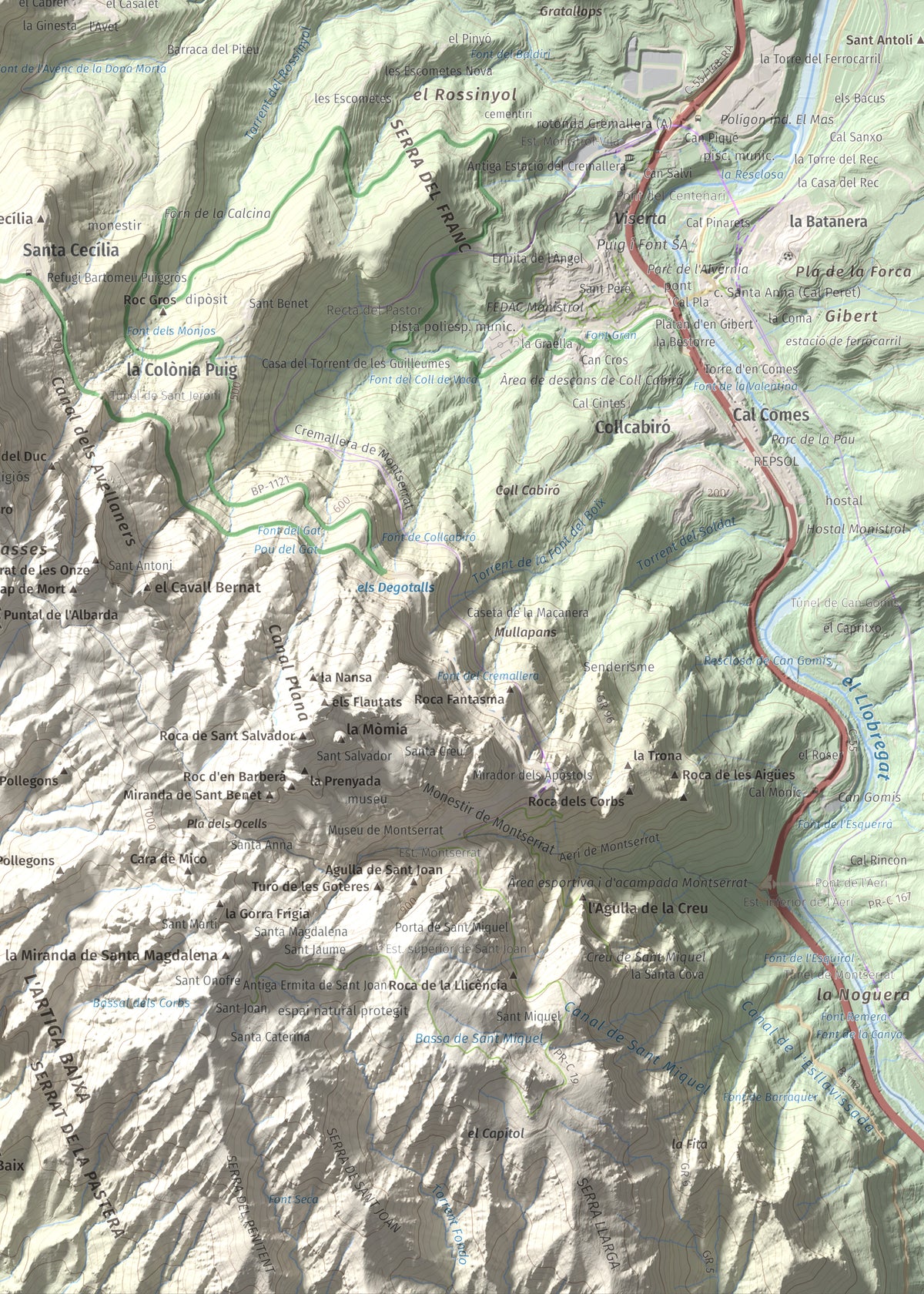 Mapa de relieve de Turó de l'Ermità, 595 m, Bages, lámina 100 Cims de Trobart. Detalle de la zona inferior derecha. 50 × 70 cm.