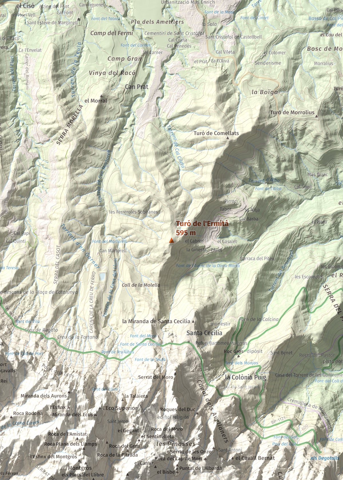 Mapa de relieve de Turó de l'Ermità, 595 m, Bages, lámina 100 Cims de Trobart. Detalle de la zona central. 50 × 70 cm.