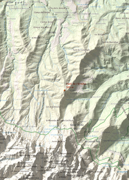 Mapa de relieve de Turó de l'Ermità, 595 m, Bages, lámina 100 Cims de Trobart. Detalle de la zona central. 50 × 70 cm.