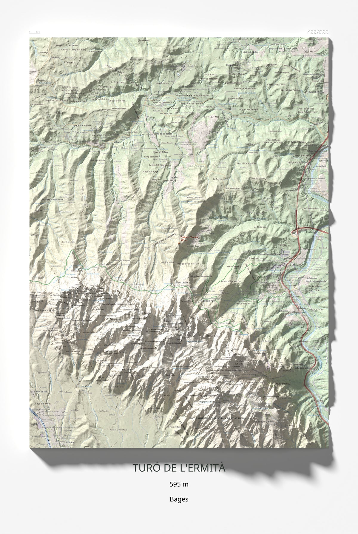 Mapa de relieve de Turó de l'Ermità, 595 m, Bages, lámina 100 Cims de Trobart 61 × 91 cm.