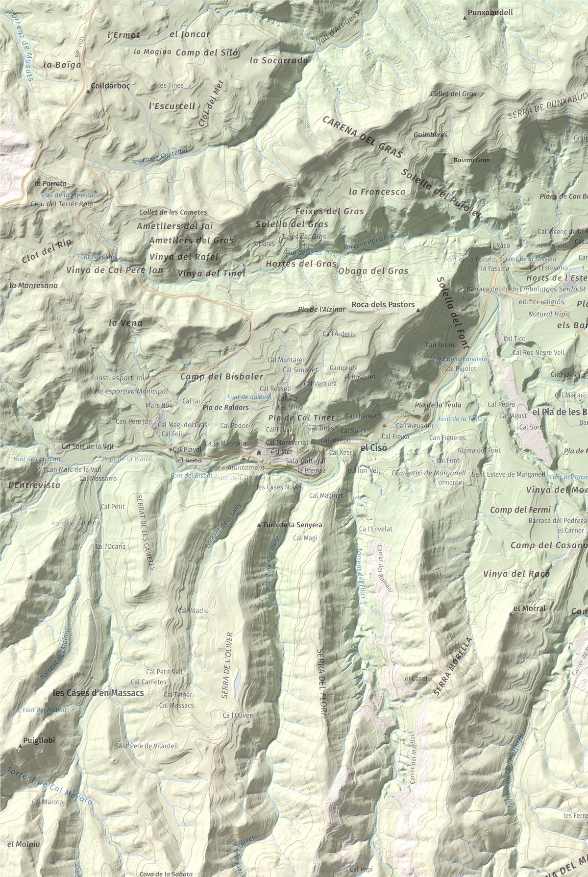 Mapa de relieve de Turó de l'Ermità, 595 m, Bages, lámina 100 Cims de Trobart. Detalle de la zona superior izquierda. 61 × 91 cm.